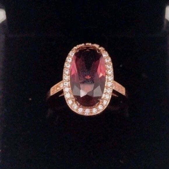 Oval Cut Garnet CZ January Birthstone Rose Gold Overlay Ring Size 7 + Box Gift - Picture 1 of 6